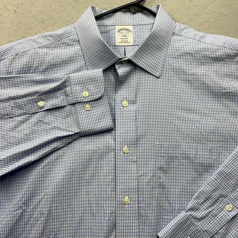 Brooks Brothers 1818 Regent Non Iron Dress Shirt 17.5 34 Blue Check